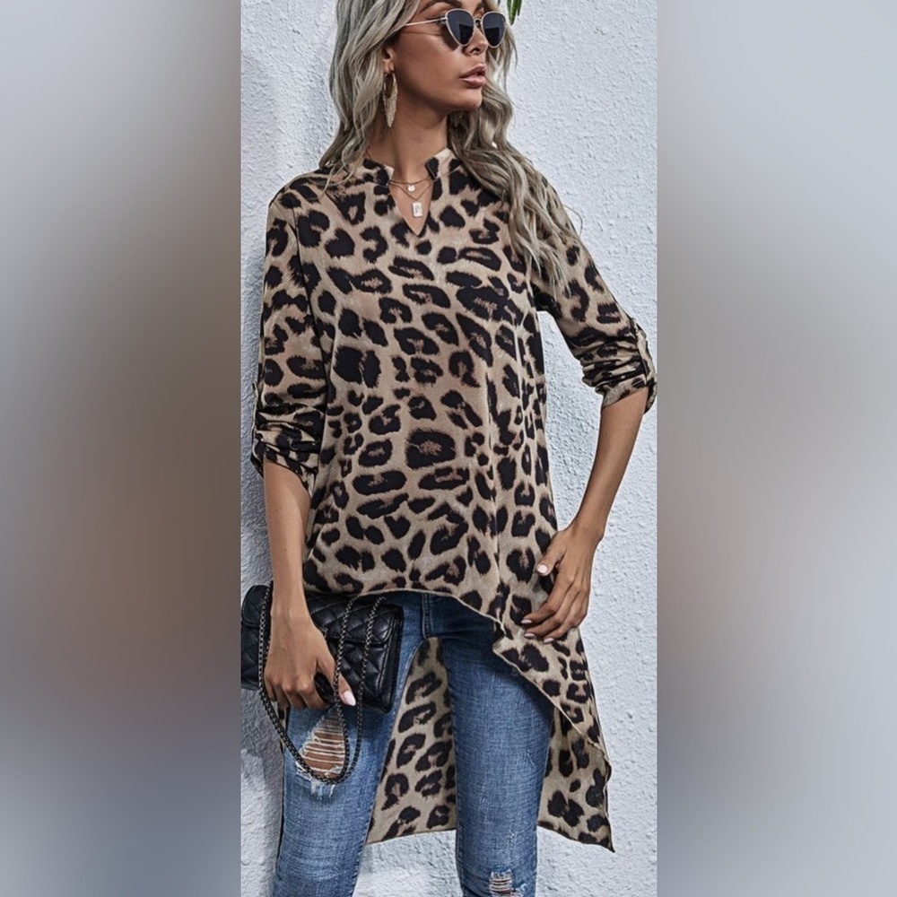 SHEIN Animal Print Leopard Tunic High Low 3/4 Sleeves Lightweight Relaxed Large